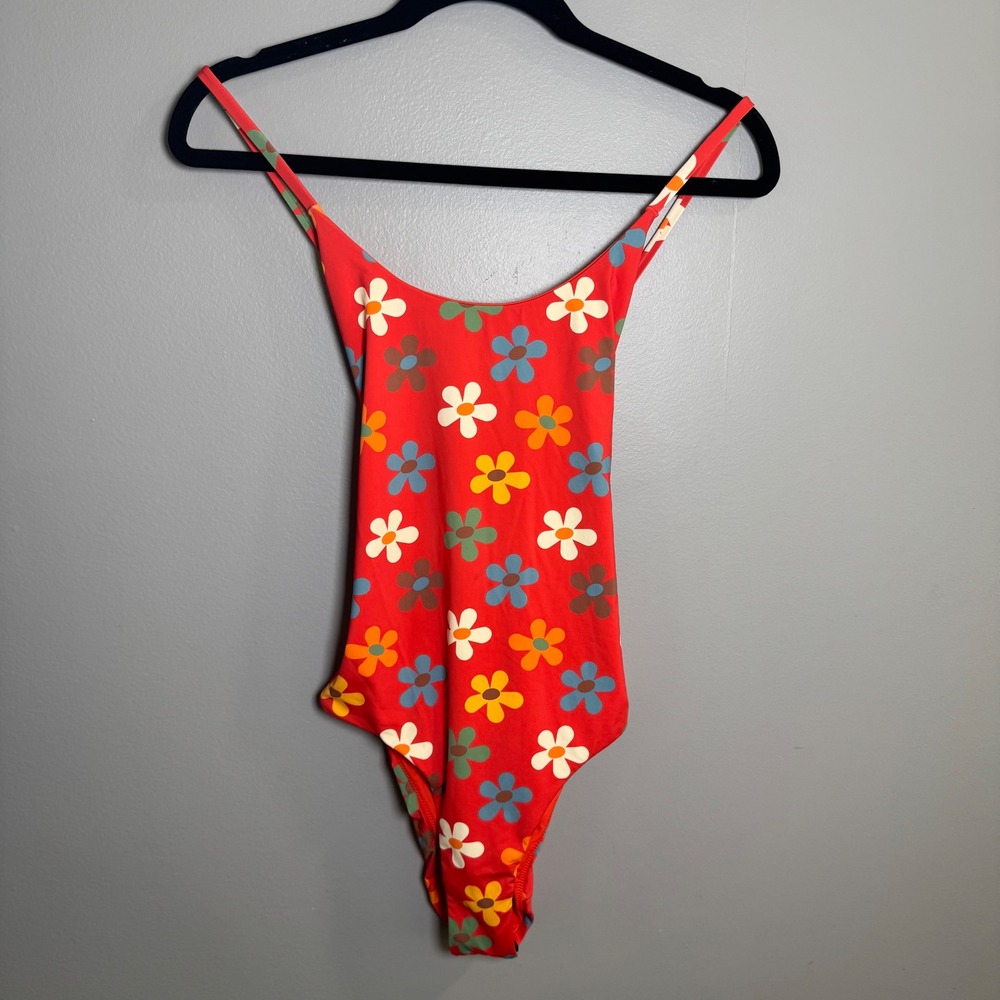 Marine Layer Red Floral Daisy One Piece Swimsuit Low Back Medium NWT